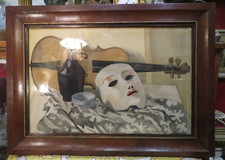 beautiful old watercolor painting era 1940 still life violin mask signed rochat
