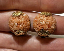 Vintage Saumon Corail Rouge Mosaïque Incrustation Or Ton Rond Feuille Pince