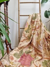 Couverture Vintage En Coton Kantha À Imprimé Floral Beige Indien Pour Lit Jumeau