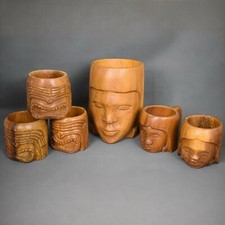 Lot chopes, tasses visage en bois sculpté vintage artisanal
