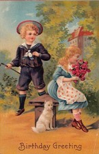 Cute Spitz Puppy With Little Boy & Girl on 1910 Birthday Postcard - No. 338