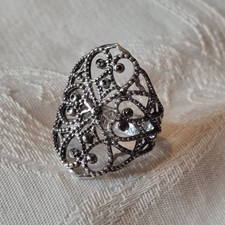 Ancienne Bague Argent Massif Et Pierres Noires -Taille 56- Style Baroque-Bijoux 