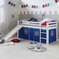 Lit mezzanine enfant 90x200 pin massif blanc avec toboggan rideau Homestyle4u