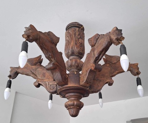 Grand lustre vintage bois - lustre, en