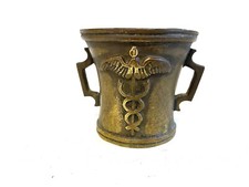 Antique Bronze Medical Mortar with Caduceus