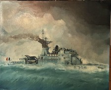 Antique HST Navy Portrait Military Ship on Sea Formed Painting Signed