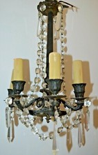 *JOLI PETIT LUSTRE EMPIRE XIXe BRONZE PATINE Foncée PENDELOQUES CRISTAL grenier