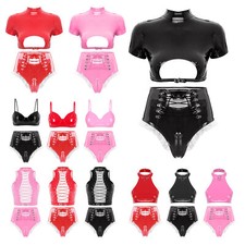 Womens Clubwear Pole Dance Outfit Glossy Lingerie Set Patent Leather Top Soft