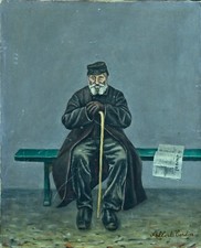 Ancien  tableau portrait homme sur un banc Paris Montparnasse Albert Cordier 19e