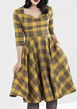 Hell Bunny 50s Yellow Checkered Swing Dress Medium Retro Rockabilly Pinup Tartan