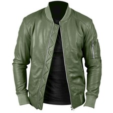 Blouson de motard bombardier en cuir véritable vert olive pour homme...