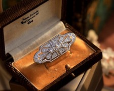 Broche Argenté Dentelle Rectangle Serti CZ Blanc Art Deco Vintage Style SC21