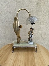 💡JOLIE LAMPE DE TABLE CHEVET SUR SOCLE MARBRE LAITON PERSONNAGE PORCELAINE 💡