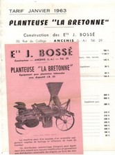 Advertising and Tariff January 1963 Planteuse 'La Bretonne' Ets J. Bossé à Ancenis
