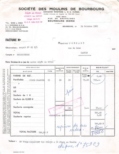 Facture 1965 moulins de - ,