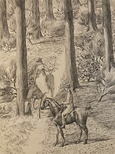Très Beau Dessin Ancien Encre Cheval Forêt Chevaux Personnage XIXe A Identifier