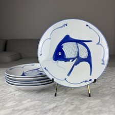 6 Vintage Chinese 9” Koi Carp Fish Plates Blue and White Hand Painted Porcelain