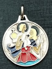 Médaille religieuse émaillée XXe "Saint Christophe / Le Mont Saint Michel"