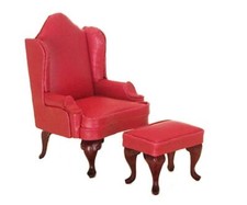 Fauteuil À Dossier Haut En Cuir Rouge Avec Pouf Mobilier De Salon