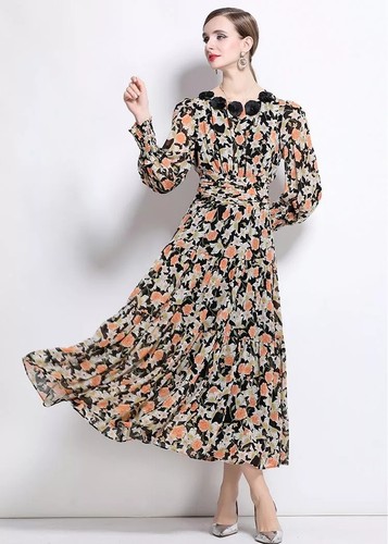 Robe longue noire florale - longue, de