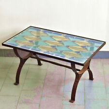 TABLE BASSE VINTAGE 1960 BRUTALISTE EN METAL, VERRE & VITRAIL 60S ANNEES 60