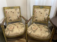 Pair Of Antique French Louis XVI Yellow Arm Chairs Fauteuil Decorative Paint