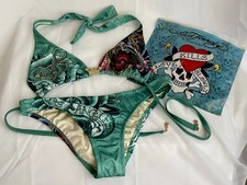Vintage Ed Hardy Christian Audigier CROWN Bikini M Green LA Bedazzled NEW RARE