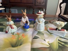 4 Royal Doulton Bunnykins Figurines Playtime, Mrs. Apple, Busy Needles, Downhill