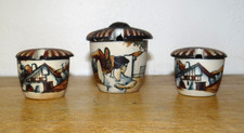 Rare Chistera Decorated Ciboure Pottery Salt, Pepper and Mustard Shaker