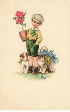 DOGS #MK39883 LITTLE BOY A CAT AND A DOG JACK RUSSEL FLOWERS MYOSOTIS E