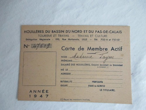 Carte membre actif 1947 - carte, de