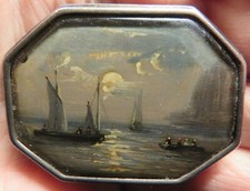 BROCHE XIX PEINTURE MARINE MINIATURE -sous- VERRE MONTURE  ARGENT