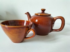 Duo théière et tasse vintage émail brun caramel années 70