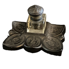 Antique Napoleon III XIX Eme Antique Inkwell Gothic Style Ebonyite Inkwell