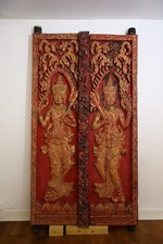 MAGNIFIQUES PORTES Du CAMBODGE Bois, Sculptées De DÉVATAS Rares Lourdes Or/Rouge