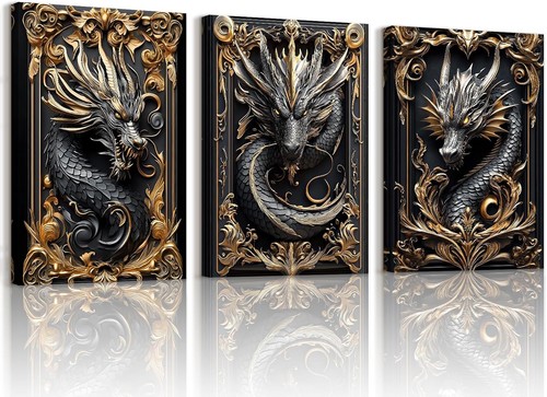 3pcs toile encadrée dragon - dragon, or