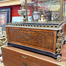 ancienne grande jardiniere XIXe marqueterie bois de rose et bronze napoleon III