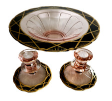 Art Deco Pink and Black/Gold edge console set ,bowl with candleholders