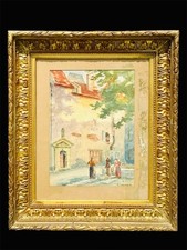 Antique watercolor painting on cardboard attributed to L’école Française Gold frame