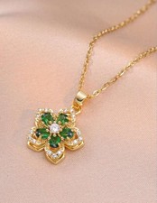 Gold Necklace. Green Flower Cubic Zirconia Rotatable, Anti Stress, Pendant