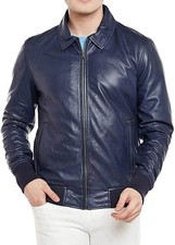 Blouson bomber à col en cuir d'agneau 100 % véritable pour homme bleu marine