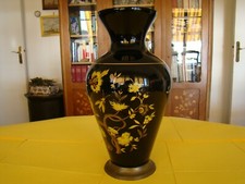  Beau vase italien "Empoli" fait main,noir, décor fleuri, hauteur 37 cm   #1282#