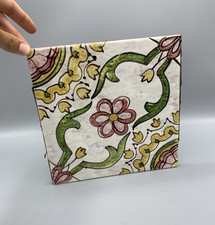 Handmade Enameled Earthenware Decorative Tile, 20 x 20 cm, Floral Pattern 