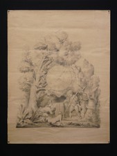 Antique Drawing 64 x 49cm Lead Mine Monogram DG Kids Clock Dog Angel