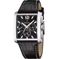 Chronographe Festina F206364, bracelet en cuir noir, cadran analogique carré