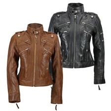 Neuf Noir Marron Femmes Véritable Cuir Slim Fit Souple Zip Style Motard Jacket