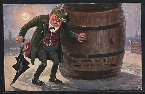 Carte postale ivre - au, tonneau