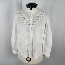 Sezane Blouse Women's 6 White Cotton Long Sleeve Lace Detail & Poms 