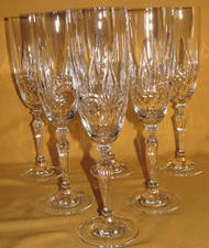 Pretty Set of 6 Hand Cut Crystal Champagne Flutes Fleur de Lys
