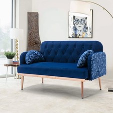 Velvet Sofa Chair, Small Couch for Bedroom, Navy Loveseat Sofa with metal fee...